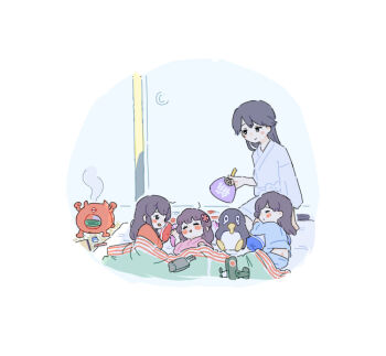 4girls aged_down akagi_(kancolle) alternate_costume bird black_hair blush brown_hair closed_mouth enemy_lifebuoy_(kancolle) failure_penguin fanning flower fusuma futon hair_down hair_flower hair_ornament hand_fan holding holding_fan houshou_(kancolle) indoors jibakurei_(elite_unchi) kaga_(kancolle) kantai_collection kneeling long_hair looking_at_another mosquito_coil multiple_girls night on_floor open_mouth pajamas paper_fan penguin sleeping sliding_doors smile toy_airplane uchiwa under_covers white_background yamato_(kancolle)