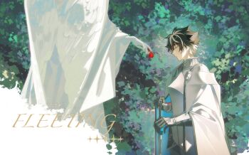 1boy armor black_hair bush cape charlemagne_(fate) charlemagne_(second_ascension)_(fate) closed_eyes fate/grand_order fate_(series) gloves hair_between_eyes hand_on_hilt highres idass_(idass16) male_focus multicolored_hair profile short_hair solo statue streaked_hair sword two-tone_hair weapon white_cape white_hair