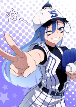 2girls ado_(utaite) baseball baseball_cap baseball_glove baseball_uniform belt black_belt black_shirt blue_hair chibi commentary_request hair_between_eyes hat highres long_hair merry_(ado) multiple_girls naima_(ado) nori_(norinori_yrl) one_eye_closed ponytail readymade_(ado) shirt short_sleeves sportswear usseewa v