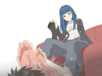 1boy 1girl absurdres barefoot blue_hair blush boots feet highres long_hair looking_at_viewer nush_advance parted_lips shoes single_shoe sitting smile soles steam sweat toes unworn_boots unworn_shoes yellow_eyes