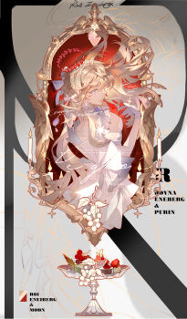 1girl blonde_hair blue_eyes bow candle character_name closed_mouth dress flower food fruit gloves hair_between_eyes highres jewelry liulianjingrua long_hair looking_back original picture_frame solo white_bow white_dress white_gloves