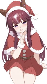 Rule 34 | 1girl, animal ears, astroglia cyte, belt, blue eyes, blunt bangs, blush, breasts, brown belt, brown hair, capelet, closed mouth, dress, ear covers, ears through headwear, finger to mouth, fur-trimmed capelet, fur-trimmed dress, fur-trimmed headwear, fur trim, hat, highres, horse ears, horse girl, long hair, looking at viewer, lucky lilac (umamusume), purple eyes, red capelet, red dress, red hat, santa costume, santa dress, santa hat, simple background, single ear cover, solo, umamusume, white background