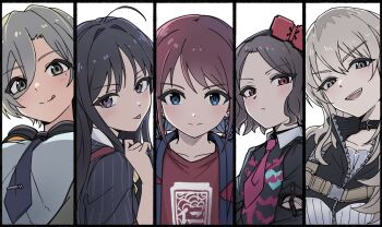 5girls ahoge awa_subaru black_choker black_hairband black_kimono black_sweater blue_eyes blue_hair blue_necktie brown_eyes brown_hair choker closed_mouth column_lineup commentary detached_sleeves ebizuka_tomo girls_band_cry goggles goggles_around_neck grey_hair hair_between_eyes hairband hashtag-only_commentary highres iseri_nina japanese_clothes kawaragi_momoka kimono kuuhaku_to_catharsis licking_lips long_hair long_hair_between_eyes multicolored_hair multiple_girls n_nai_nai_n necktie open_mouth pink_necktie purple_eyes red_eyes red_shirt roots_(hair) rupa_(girls_band_cry) shirt short_hair sweater teeth tie_clip togenashi_togeari tongue tongue_out white_shirt zipper