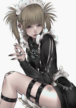 1girl absurdres aegyo_sal apron barbell_piercing black_jacket black_nails blonde_hair blunt_bangs bruise bruise_on_leg calflet chain cigarette commentary_request cross cross_earrings cross_in_eye ear_piercing earrings eyelashes face_piercing fingernails frilled_apron frills garter_straps gauze_on_knee grey_background grey_eyes hair_ornament hairclip highres holding holding_cigarette injury jacket jersey_maid jewelry latin_cross lip_piercing lip_ring long_fingernails long_sleeves looking_at_viewer maid maid_headdress mano_aaa multiple_earrings nail_polish necklace original parted_lips piercing red_lips simple_background smoking solo track_jacket turtleneck turtleneck_jacket twintails unconventional_maid waist_apron white_apron