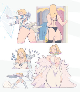 1girl ass blonde_hair blue_eyes blue_lips blue_nails breasts cleavage corset cosplay diamond_(gemstone) emma_frost garter_straps highres kill_la_kill kiryuuin_ragyou kiryuuin_ragyou_(cosplay) lipstick long_hair looking_at_viewer makeup marvel marvel_rivals michel_teru panties superhero_costume thick_thighs thighs underwear white_corset x-men