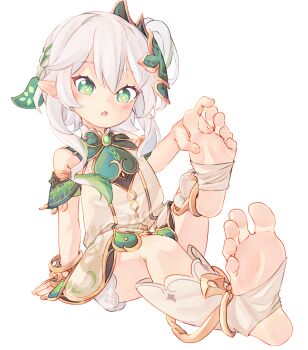 1girl arm_support bare_shoulders blush boots bracelet braid chaosexceed colored_tips commentary cross-shaped_pupils detached_sleeves dress english_commentary facing_viewer feet female_focus flat_chest foot_focus french_braid full_body genshin_impact gold_trim green_dress green_eyes green_hair hair_between_eyes hair_ornament highres jewelry leaf_hair_ornament leg_up loli mixed-language_commentary multicolored_hair nahida_(genshin_impact) paid_reward_available parted_lips pointy_ears short_sleeves side_ponytail simple_background sitting soles solo stirrup_footwear streaked_hair symbol-shaped_pupils toes two-tone_dress white_background white_boots white_dress white_hair