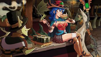 1girl 2boys alaynakgray armor armored_boots bandages bat_wings belt belt_buckle blue_hair bone boots breasts buckle burger cape cave cave_interior city colored_skin commentary commission dang_(runescape) duellist's_cap_(tier_6) earrings eating english_commentary fast_food fingerless_gloves food food_bite food_stand full_body gladiator gloves goblin gold_trim greaves green_belt green_cape green_skin hat highres holding holding_burger holding_food holding_skewer jewelry lamppost large_ears leotard long_hair long_pointy_ears mage_staff market market_stall meat medium_breasts multiple_boys multiple_earrings old_school_runescape original pointy_ears poleyn red_leotard runescape shish_kebab sitting skewer smile soup soup_ladle staff staff_of_armadyl_(runescape) sun_symbol sushi top_hat underground weapon wings wooden_tray yellow_eyes