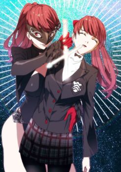 1girl black_leotard bow closed_eyes gloves glowing glowing_weapon hair_bow holding holding_sword holding_weapon human_scabbard leotard mask matching_hair/eyes mizu_cx pantyhose parted_lips persona persona_5 persona_5_the_royal plaid_clothes plaid_skirt pulling red_eyes red_gloves red_hair school_uniform skirt sky smile star_(sky) starry_sky sword violet_(persona_5) weapon yoshizawa_kasumi