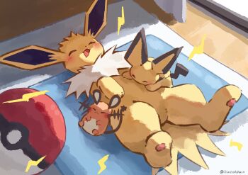 absurdres animal_focus blush carpet closed_eyes closed_mouth dedenne electricity gen_1_pokemon gen_2_pokemon gen_6_pokemon highres illustrattyako indoors jolteon lightning_bolt_symbol lying nintendo no_humans on_back open_mouth orange_fur pichu poke_ball poke_ball_(basic) pokemon pokemon_(creature) pokemon_focus sleeping smile tail yellow_fur