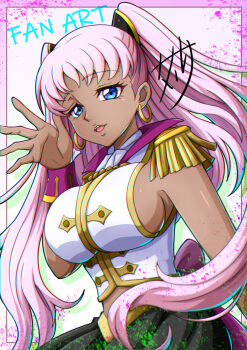 1girl blue_eyes breasts catherine_sabathra code_geass code_geass:_dakkan_no_roze earrings highres jewelry large_breasts long_hair midriff pink_hair sideboob skirt solo twintails