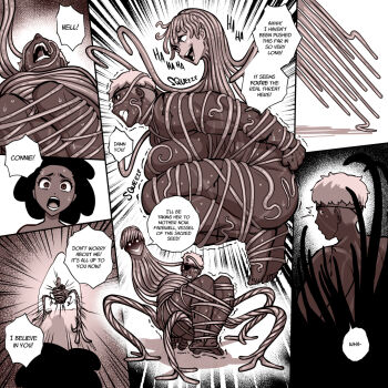 angry bdsm bondage bound completely_nude constance_(fellatrix) dark-skinned_female dark_skin evil_smile eyepatch fellatrix from_behind incilius_alvarius kidnapped muscular muscular_female nell_(fellatrix) nude scar scared scars_all_over screaming short_hair smile sweat tentacle_hair tentacles too_many white_eyes white_hair