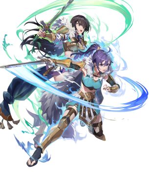 2girls armor attack aura black_hair breastplate breasts cleavage fir_(dual_warrior)_(fire_emblem) fir_(fire_emblem) fire_emblem fire_emblem:_the_binding_blade fire_emblem:_the_blazing_blade fire_emblem_heroes gladiator_sandals highres holding holding_sword holding_weapon karla_(dual_warrior)_(fire_emblem) karla_(fire_emblem) long_hair medium_breasts mother_and_daughter multiple_girls navel nintendo non-web_source official_alternate_costume official_art open_mouth ponytail purple_hair sandals sword v-shaped_eyebrows very_long_hair weapon