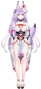 Rule 34 | 1girl, animal ear fluff, animal ears, ass, bare shoulders, bell, blue hair, breasts, chromatic aberration, colored inner hair, detached sleeves, fox ears, fox mask, from side, hair bell, hair ornament, halterneck, highres, japanese clothes, jingle bell, kamishiro natsume, kimono, large breasts, light blue hair, light purple hair, long hair, long sleeves, mask, mask on head, multicolored hair, nail polish, no bra, official art, one side up, pelvic curtain, purple nails, red eyes, shirt, side slit, skirt, smile, solo, strapless, thighs, tube top, very long hair, virtual youtuber, white kimono, white shirt, white skirt, white sleeves, wide sleeves