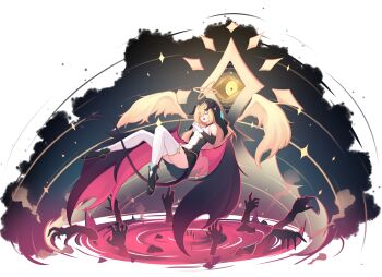 :d absurdres angel_wings black_footwear black_skirt breasts closed_eyes demon_horns demon_tail detached_wings floating full_body gloves habit halo halo_behind_head highres horns levitation miniskirt multiple_halos open_mouth original own_hands_together portal_(object) praying skirt sleeveless small_breasts smile tail thighhighs thighs transparent_background trimbil white_gloves white_thighhighs wings