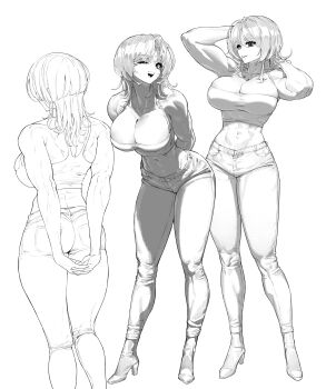 1girl abs breasts cleavage ghdwid large_breasts monochrome muscular muscular_female one_eye_closed pants short_hair smile tagme wink