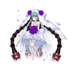 Rule 34 | 1girl, alternate costume, artist request, back ribbon, bare shoulders, beads, breasts, bridal garter, bridal veil, collar, collarbone, dress, elbow gloves, final gear, flower, full body, gloves, green hair, heart, heart necklace, heart ornament, highres, jewelry, lace-trimmed veil, lace trim, looking at viewer, mecha musume, mechanical parts, medium breasts, necklace, nia (final gear), no shoes, official alternate costume, official art, purple eyes, purple flower, purple petals, purple rose, ribbon, rose, see-through, see-through thighhighs, see-through veil, short hair, simple background, solo, tachi-e, thighhighs, third-party source, tiara, transparent background, veil, wedding dress, white collar, white dress, white gloves, white ribbon, white tiara