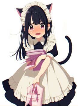 1girl animal_ears apron black_dress black_hair blush cat_ears cat_girl cat_tail collared_dress commentary dress flyer frilled_apron frills heart highres holding long_hair looking_at_viewer maid maid_apron maid_headdress mamyouda nose_blush original puffy_short_sleeves puffy_sleeves red_eyes short_sleeves signature simple_background solo sweat tail very_long_hair white_apron white_background