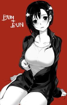 1girl black_hair blush breast_expansion breasts bunbun collarbone commentary_request greyscale_with_colored_background hair_ornament hairclip highres jacket large_breasts mole mole_on_collarbone mole_on_thigh mole_under_eye mole_under_mouth multiple_moles original short_hair sitting solo variant_set yokozuwari zipper