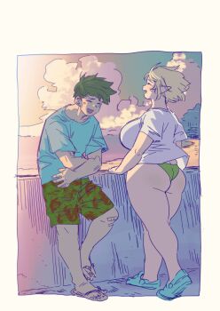 1boy 1girl ass bandaid bikini crocs elf elfuda_(elf-san_wa_yaserarenai.) flip-flops laughing long_hair male_swimwear pointy_ears san_wa_yaserarenai sandals shirt short_hair swim_trunks swimsuit synecdoche thong_bikini