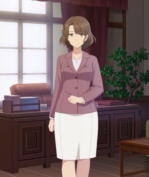 1girl brown_hair closed_mouth collarbone curtains day desk dress feet_out_of_frame game_cg green_eyes hashima_ema indoors jacket jewelry looking_at_viewer necklace office official_art plant potted_plant purple_jacket short_hair sidelocks smile solo straight-on table third-party_source toji_no_miko toji_no_miko:_kizamishi_issen_no_tomoshibi white_dress window wooden_floor