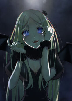 1girl black_nails blonde_hair blue_eyes breasts cleavage demon_girl demon_wings empty_eyes fangs fur_collar fur_trim hi-ko highres large_breasts long_hair looking_at_viewer medium_breasts nail_polish overlord_(maruyama) parted_bangs renner_theiere_chardelon_ryle_vaiself sharp_nails very_long_hair wings yandere yandere_trance