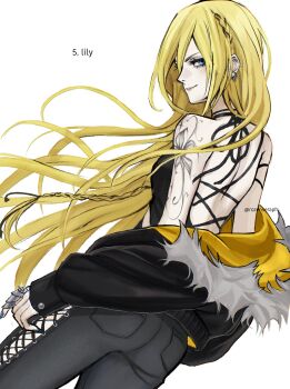 Rule 34 | 1girl, alternate costume, arm tattoo, black jacket, black pants, black ribbon, black shirt, blonde hair, blue eyes, blue nails, braid, character name, closed mouth, commentary, earrings, english commentary, fur-trimmed jacket, fur trim, highres, jacket, jewelry, lily (vocaloid), long hair, looking at viewer, multicolored jacket, pants, pocket, ribbon, rozenseraph, shirt, simple background, solo, tattoo, twitter username, two-tone jacket, very long hair, vocaloid, white background, yellow jacket