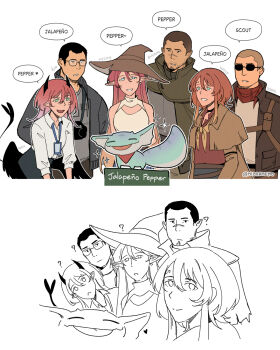 3boys 3girls :&lt; ? bare_shoulders black_hair black_wings blue_eyes blue_skirt brown_hair brown_hat brown_jacket brown_shoes buzz_cut camera camera_around_neck character_name cleavage_cutout closed_mouth clothing_cutout collared_shirt commentary courier_(fallout:_new_vegas) craig_boone dress_shirt english_commentary english_text fallout fallout:_new_vegas glasses grey_jacket grey_shirt hair_between_eyes hat highres horns jacket jalapeno_(milramemo) lanyard low_wings milramemo multiple_boys multiple_girls nelyne_(milramemo) noelle_rutherford open_clothes open_jacket original pointy_ears scar scar_on_face scar_on_nose shirt shoes short_hair simple_background skirt sleeveless sleeveless_shirt sparkle sunglasses twitter_username very_short_hair white_background white_shirt wings witch_hat