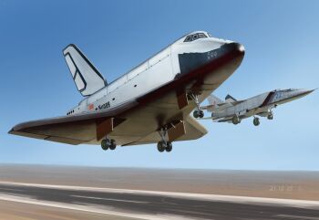 absurdres aircraft airfield airplane blue_sky buran_(spacecraft) chinese_commentary dated desert fighter_jet highres horizon landing_gear landing_strip mig-25 military_vehicle mixed-language_commentary no_humans original russian_commentary russian_text sky soviet soviet_air_force soviet_flag space_shuttle spacecraft textless_version uhu-aurora