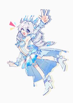 Rule 34 | 1girl, ;o, absurdres, blue eyes, breasts, commentary request, cross-shaped pupils, dress, drill hair, high heels, highres, honkai (series), honkai impact 3rd, kiana kaslana, kiana kaslana (ba-dum! fiery wishing star), kiana kaslana (wintery wishes), korean commentary, long hair, medium breasts, mi (27782900), official alternate costume, one eye closed, sideless dress, simple background, smile, solo, symbol-shaped pupils, tiara, very long hair, w, white background, white dress, white hair, wrist cuffs