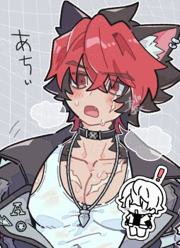black_choker black_hair black_jacket blush chibi choker commentary_request dog_boy dog_tail fang gogogalar highres jacket jewelry komano_manato multicolored_hair necklace pectoral_cleavage pectorals red_eyes red_hair scar scar_on_chest scar_on_face shirt sweat tail tank_top white_shirt white_tank_top zenless_zone_zero