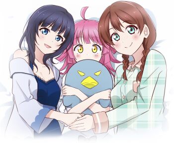 3girls :d aqua_eyes asaka_karin blue_camisole blue_eyes blue_hair blunt_bangs blunt_ends braid breast_pocket breasts brown_hair camisole cleavage closed_mouth commentary_request emma_verde freckles girl_sandwich highres hugging_doll hugging_object jacket kishimen_hair large_breasts looking_at_viewer love_live! love_live!_nijigasaki_high_school_idol_club low_twin_braids medium_breasts medium_hair multiple_girls open_clothes open_jacket open_mouth pajamas pink_hair plaid_clothes plaid_pajamas plaid_shirt pocket sandwiched shirt smile split_mouth stuffed_animal stuffed_bird stuffed_toy tennoji_rina three-quarter_sleeves twin_braids unmoving_pattern upper_body white_jacket wide-eyed yellow_eyes zero-theme