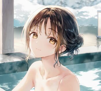 1girl bathing brown_eyes brown_hair commentary hair_bun hiten_(hitenkei) looking_at_viewer nude onsen original partially_submerged single_hair_bun snow solo symbol-only_commentary