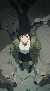 1girl absurdres black_hair coat from_above frown fur_trim hands_in_pocket highres looking_at_viewer looking_up medium_hair original pleated_skirt red_eyes serious seuhyo99 shirt skirt standing white_shirt wolf