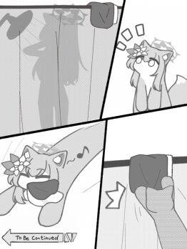 1girl animal_ear_fluff animal_ears apricotlemontea blue_archive cat_ears cat_girl clothes_in_mouth flower fox greyscale hair_between_eyes hair_flower hair_ornament long_hair mari_(blue_archive) monochrome musical_note running shadow shower_(place) showering sidelocks to_be_continued