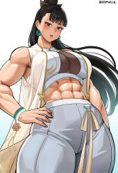 Rule 34 | 1girl, abs, asian, bad tag, bare shoulders, black eyes, black hair, blush, breasts, capcom, chun-li, cleavage cutout, clothing cutout, cowboy shot, cromwellb, crop top, dark grey eyes, earrings, eyelashes, eyeshadow, female, grey pants, hand on own hip, high ponytail, jewelry, large breasts, lips, long hair, looking at viewer, looking down, makeup, midriff, muscular, muscular female, navel, pants, parted lips, ponytail, shirt, simple background, sleeveless, solo, standing, street fighter, street fighter 6, thick thighs, thighs, toned, toned female, twitter username, white background, white shirt