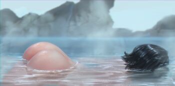 1girl absurdres afloat ass ass_focus bare_back bent_over bleach bleach:_sennen_kessen-hen commission commissioner_upload completely_nude female_focus from_side highres honeybunny-art in_water kuchiki_rukia landscape long_image narrow_waist nude onsen outdoors pale_skin partially_submerged realistic reflection ripples rock shiny_skin short_hair skinny solo solo_focus source_request steam submerged top-down_bottom-up unconscious water water_drop wet wet_hair wide_image