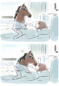 2girls bang_dream! bang_dream!_it's_mygo!!!!! blue_eyes brown_hair chihaya_anon commentary highres horse_mask kiss long_sleeves lyy mask multiple_girls nagasaki_soyo pajamas symbol-only_commentary under_covers yuri