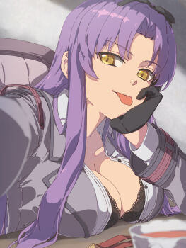 1girl black_bra black_gloves black_ribbon bra breasts chiharu_(9654784) cleavage commentary_request commission cup curtained_hair eiyuu_densetsu gloves hair_ribbon highres kuro_no_kiseki kuro_no_kiseki_(series) kuro_no_kiseki_ii lace lace_bra large_breasts long_hair looking_at_viewer parted_bangs partially_unbuttoned purple_hair renne_(eiyuu_densetsu) ribbon selfie sidelocks sitting skeb_commission smile solo teacup tongue tongue_out underwear yellow_eyes