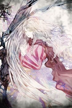 1girl braid cape colored_skin girl_(tenshi_no_tamago) grey_hair long_hair long_sleeves red_cape ruka_(blueplus84) side_braid solo striped_clothes tenshi_no_tamago_(anime) vertical-striped_clothes white_skin yellow_eyes