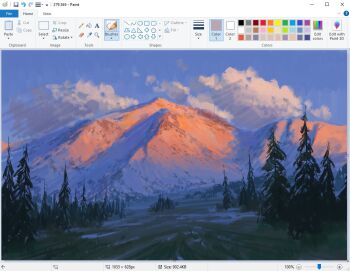 art_program_in_frame christian_young commentary day forest landscape limited_palette microsoft_paint_(medium) microsoft_paint_(software) mountain mountainous_horizon nature no_humans original outdoors painterly scenery screencap snow sunrise tree