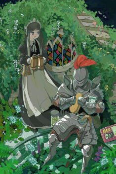 Rule 34 | 1girl, 1other, absurdres, animal print, apron, armor, armored boots, backless dress, backless outfit, bento, binoculars, black shoes, boots, bow, bowtie, breastplate, brick, brick wall, collar, commentary, crinoids, dress, eyes in shadow, flower, food, forest, frog print, full armor, gauntlets, greaves, green theme, grey armor, grey eyes, grey hair, hardboiled egg, helmet, highres, holding, holding binoculars, holding food, jitome, leaf, light smile, long hair, maid, maid apron, maid headdress, makizushi, nature, open mouth, original, overgrown, parted bangs, pauldrons, plant, plate armor, road sign, ruins, sandwich, scenery, shoes, shoulder armor, sidelocks, sign, sitting, smile, stained glass, standing, submarine sandwich, sushi, sword, tiles, weapon, white apron, white bow, white bowtie, white collar