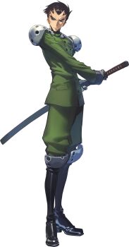 1boy armor arms_up brown_hair buttons closed_mouth code_geass code_geass:_genesic_re;code cropped_torso fighting_stance forehead forked_eyebrows furrowed_brow gloves green_jacket grey_eyes grey_gloves highres holding holding_sword holding_weapon jacket katana long_sleeves looking_at_viewer male_focus military_uniform official_art pocket short_hair shoulder_armor simple_background solo standing sword toudou_kyoushirou transparent_background two-handed upper_body v-shaped_eyebrows weapon