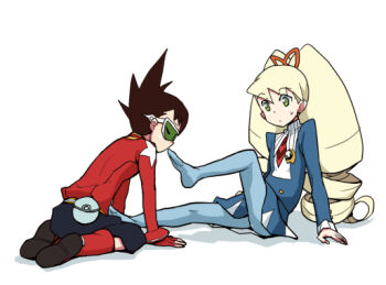 Rule 34 | 1boy, 1girl, bad id, blonde hair, blue dress, blue pantyhose, bow, brown hair, dress, drill hair, fingerless gloves, geo stelar (mega man), gloves, green eyes, hair bow, heriyama, luna platz (mega man), mega man (series), mega man star force (series), pantyhose, red gloves, red shirt, shirt, simple background, sitting, sweatdrop, tinted eyewear, twin drills, white background
