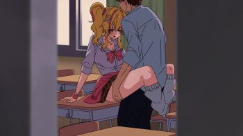 1boy 1girl aki_shirogane animated animated_gif blonde_hair brown_hair character_request clothed_sex gyaru hair_ornament hetero jewelry leg_warmers leg_wrap long_hair medium_hair missionary multicolored_hair necklace peeking red_hair school_uniform sex skirt source_request streaked_hair voyeur_pov x_hair_ornament