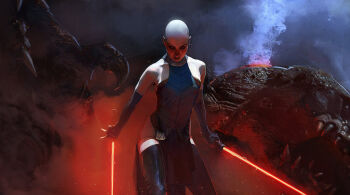 1girl asajj_ventress bald bald boots energy_sword female_focus lightsaber pale_skin rancor realistic red_eyes sith solo star_wars sword thigh_boots thighhighs weapon