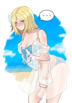 ... 1girl absurdres beach blonde_hair blue_eyes blush bracelet breasts commentary_request hair_ornament hand_on_own_arm heaven_burns_red highres jewelry large_breasts minase_ichigo see-through_clothes swimsuit umibudou051450