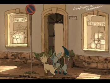 animal_focus blue_fur cc8nw42u15apug0 character_name facing_away full_body gen_4_pokemon gift glaceon leaf leafeon nintendo no_humans outdoors pokemon pokemon_(creature) road_sign sign standing stop_sign storefront yellow_fur