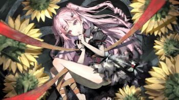 1girl amatsuka_eru artist_request bake_no_hana_(vocaloid) barefoot black_skirt bound_ankles detached_sleeves flower hair_ornament hairclip high-waist_skirt highres indie_virtual_youtuber long_hair looking_at_viewer pink_hair puffy_short_sleeves puffy_sleeves red_eyes ribbon second-party_source short_sleeves skirt solo sunflower two_side_up virtual_youtuber