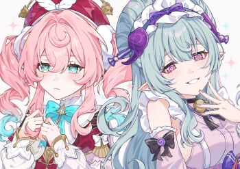 2girls aqua_eyes aqua_hair bare_shoulders beret blush breasts closed_mouth commentary_request dress drill_hair genshin_impact grin hand_up hands_up hat highres honkai:_star_rail honkai_(series) hyacine_(honkai:_star_rail) looking_at_viewer multicolored_hair multiple_girls nya_inuha pink_eyes pink_hair purple_nails red_dress red_hat smile sparkle teeth twin_drills two-tone_hair upper_body white_background yumemizuki_mizuki yumemizuki_mizuki_(parallels_meet)