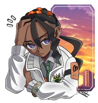 1boy bracelet closed_mouth collared_shirt commentary_request cropped_torso dark-skinned_male dark_skin green_necktie grey_eyes hair_between_eyes hand_on_own_head isamu-ki_(yuuki) jacket jewelry long_hair looking_at_viewer loose_hair_strand male_focus naveen_(pokemon) necktie nintendo notice_lines orange_vest pokemon pokemon_legends:_z-a ponytail shirt signature solo upper_body vest white_jacket